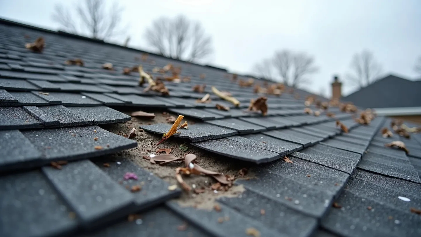 Lifted and torn asphalt shingles on an Ontario roof after a windstorm, exposing the underlayment with scattered debris