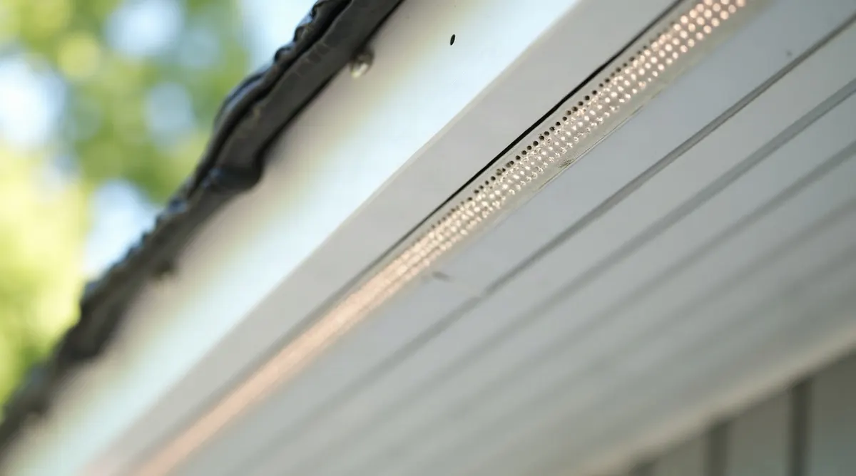 Close view from below of a white vented aluminum soffit panel showing the narrow perforated strip running down the centre of the panel