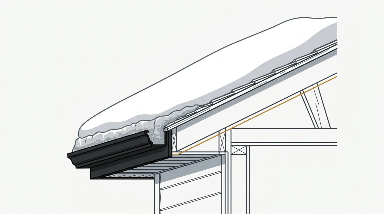 Cross-section illustration of a roof eave carrying deep snow, with ice built up at the edge above the eavestrough, fascia and vented soffit