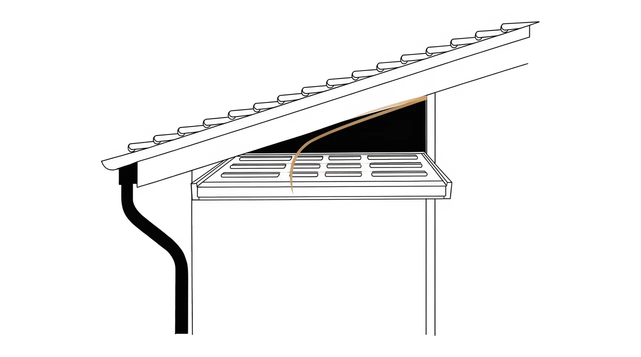 Cutaway illustration of a house eave showing the shingle roof edge, a black eavestrough and downspout, and the perforated aluminium soffit panel beneath, with air drawn in through the soffit vents into the roof cavity
